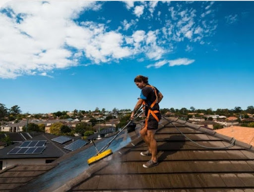 Professional pressure-cleaning a roof