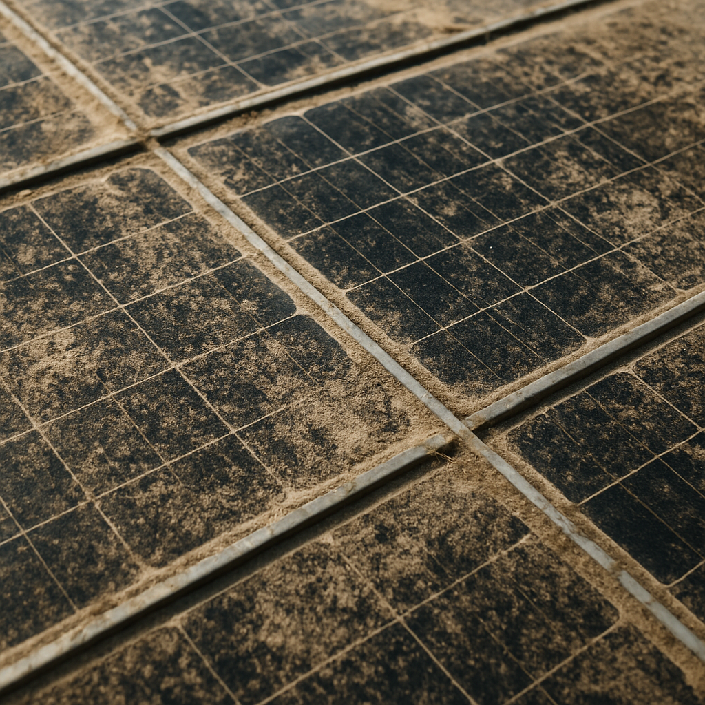 Dusty solar panels on rooftop